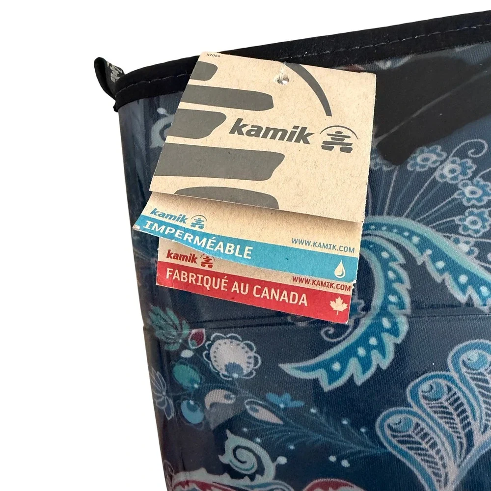 NWT Kamik Womens Blue Paisley Floral Waterproof Tall Rain Boots‎ Size 6